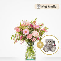 Geboorteboeket roze (cadeauset met knuffel)