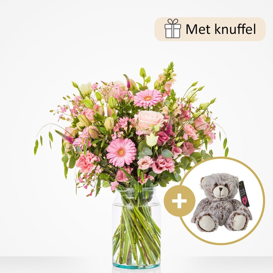 Geboorteboeket roze (cadeauset met knuffel)