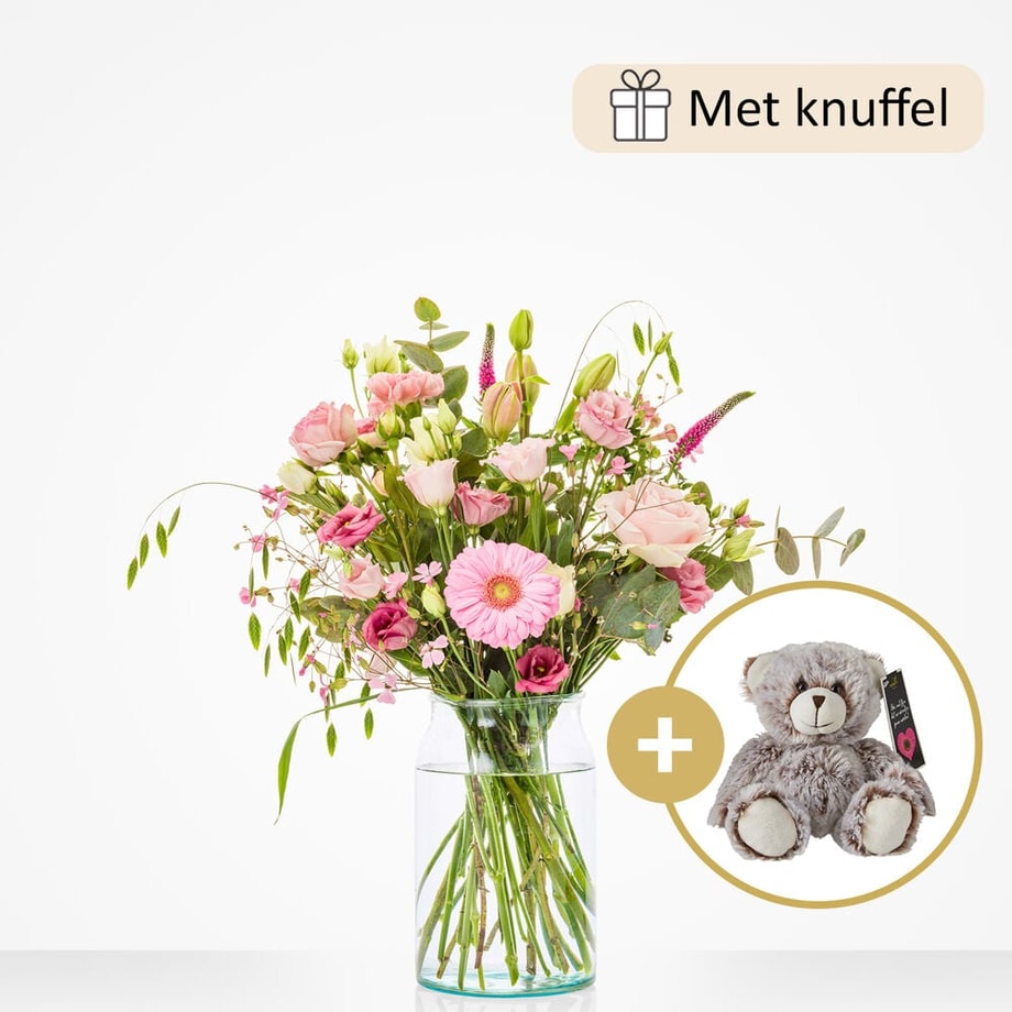 Geboorteboeket roze (cadeauset met knuffel)