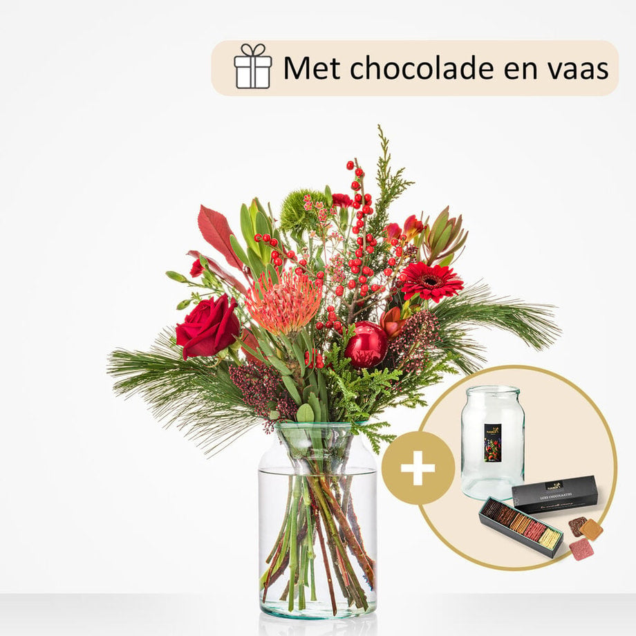 Kerstboeket (cadeauset inclusief vaas en chocolade!)